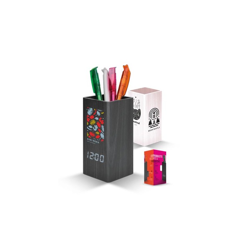Pendulette de Bureau Éco-responsable avec Pot à Crayons et Thermomètre - Objets Publicitaires