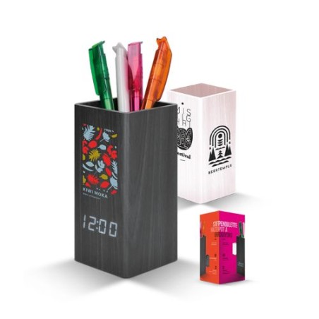 Pendulette de Bureau Éco-responsable avec Pot à Crayons et Thermomètre - Objets Publicitaires