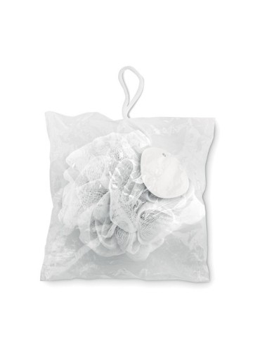 Éponge de Bain Personnalisée Fleur de Douche PUF Matières : polyéthylène (PE) Couleurs : blanc personnalisable avec votre logo