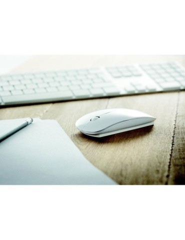 Souris sans fil personnalisée CURVY pour objets publicitaires Matières : ABS Couleurs : blanc marquage laser ultra précis