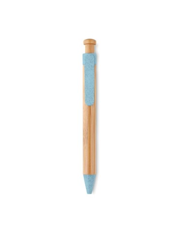 Stylo  en bambou, paille de blé et ABS - Toyama Matières : bambou Couleurs : bleu personnalisable avec votre logo