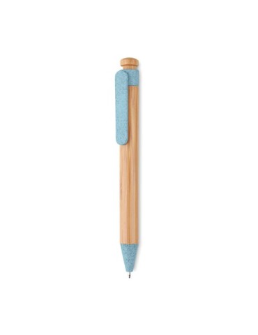 Stylo  en bambou, paille de blé et ABS - Toyama Matières : bambou Couleurs : bleu personnalisation rapide en France