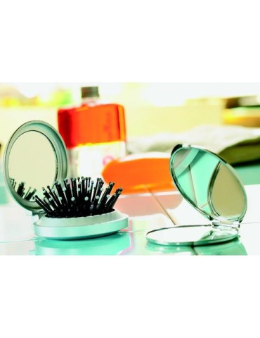Brosse/Miroir pliable pratique personnalisé pas cher - B BEAUTY Matières : ABS Couleurs : argenté goodies publicitaire événement