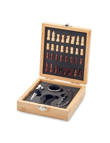 Set à vin  et jeu d'échecs personnalisable - CHESSET Matières : bambou Couleurs : bois marquage laser ultra précis