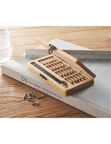 Set d'Outils Éco-responsables Personnalisé 24 Pièces BAMTOOL Matières : bambou Couleurs : bois goodies publicitaire événementiel