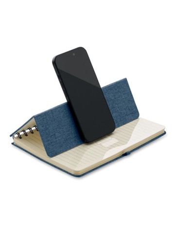 Cahier A5 publicitaire avec support de téléphone STRATA Matières : papier recyclé Couleurs : bleu livraison express 24h 48h