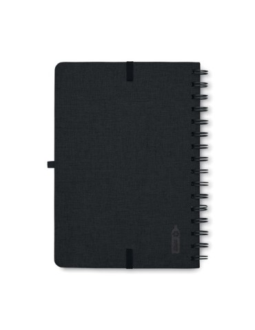 Cahier A5 publicitaire avec support de téléphone STRATA Matières : papier recyclé Couleurs : noir impression haute définition