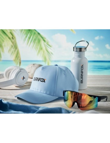 Casquette baseball 5 pans publicitaire personnalisée BUZZ Matières : coton Couleurs : bleu bébé objet publicitaire robuste