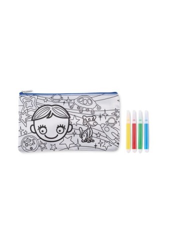 Trousse à crayons personnalisée avec feutres KIDDO Matières : PET Couleurs : bleu royal accessoire événementiel unique