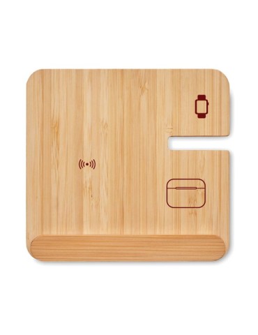 Chargeur sans fil 15W 3 en 1 publicitaire personnalisé BOOGAR Matières : bambou Couleurs : bois 2
