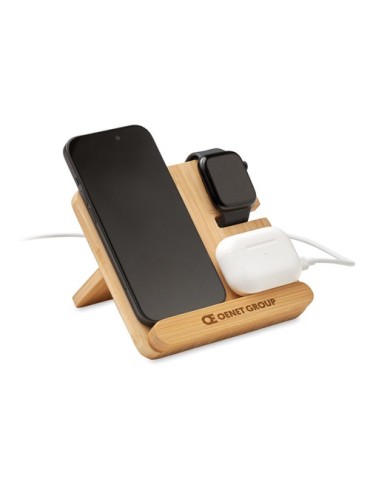 Chargeur sans fil 15W 3 en 1 publicitaire personnalisé BOOGAR Matières : bambou Couleurs : bois impression haute définition