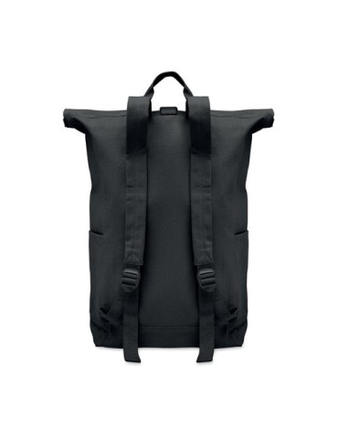 Sac à dos enroulable personnalisé 390 gr/m² KAMET Matières : coton recyclé Couleurs : noir marquage laser ultra précis