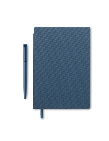 Cahier A5 personnalisé en PU avec stylo NOTA Matières : papier recyclé Couleurs : bleu marine marquage laser ultra précis