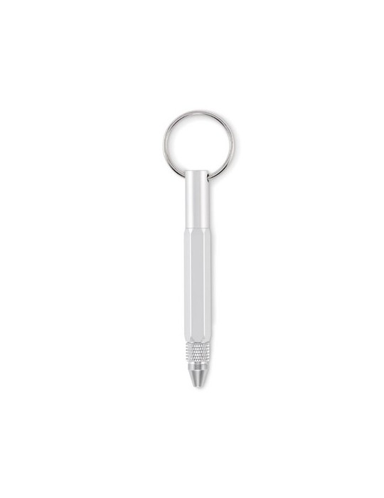 Porte-clés personnalisé avec stylo à bille - TWEN Matières : aluminium recyclé  Couleurs : argenté mat marquage couleur éclatant
