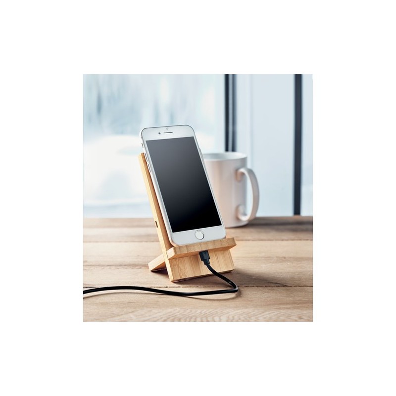 Chargeur sans fil personnalisé WHIPPY PLUS - Support et chargeur 10W Matières : PVC Couleurs : bois marquage laser ultra précis