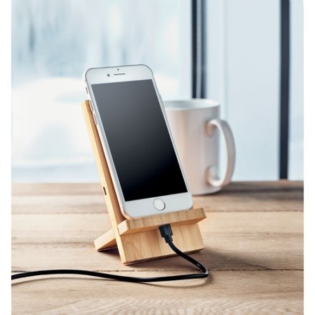 Chargeur sans fil personnalisé WHIPPY PLUS - Support et chargeur 10W Matières : PVC Couleurs : bois marquage laser ultra précis