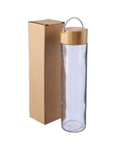 Gourde en verre  de 500 ml avec dragonne personnalisée Clarence Matières : bambou Couleurs : brun marquage laser ultra précis