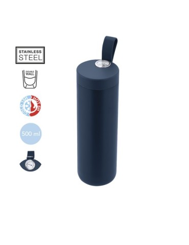 Bidon thermique personnalisé 500 ml Royan Matières : acier inoxydable Couleurs : bleu marine marquage laser ultra précis