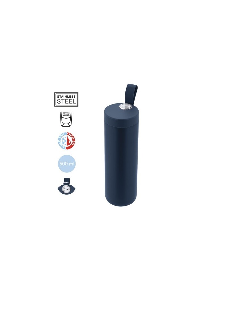 Bidon thermique personnalisé 500 ml Royan Matières : acier inoxydable Couleurs : bleu marine marquage laser ultra précis