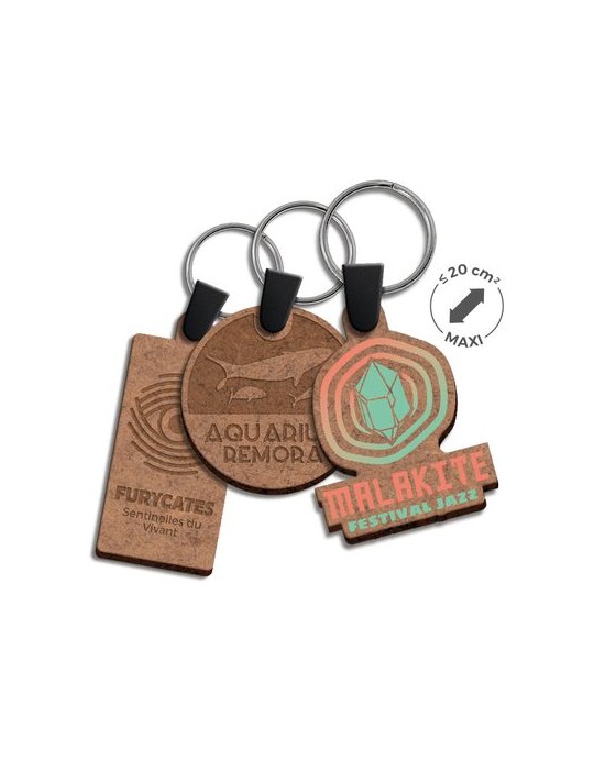 Porte-clé personnalisé en MDF épaisseur 3 mm, format maxi 20 cm² - objet publicitaire