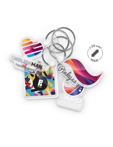 Porte clé publicitaire personnalisé en PMMA épaisseur 3mm, taille maxi 20 cm²