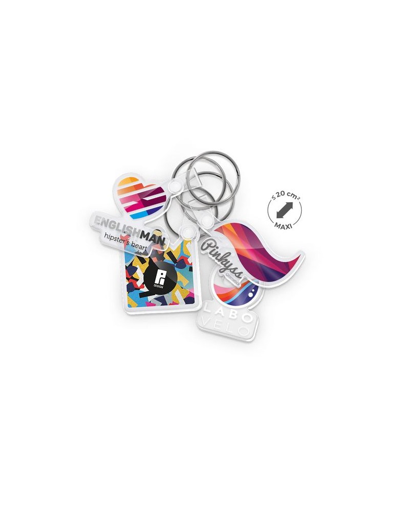 Porte clé publicitaire personnalisé en PMMA épaisseur 3mm, taille maxi 20 cm²