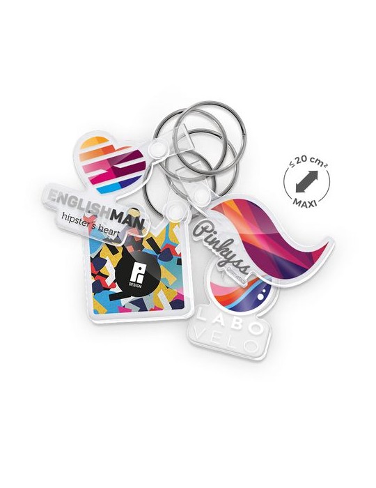 Porte clé publicitaire personnalisé en PMMA épaisseur 3mm, taille maxi 20 cm²