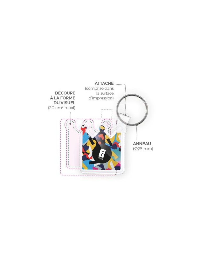 Porte clé publicitaire personnalisé en PMMA épaisseur 3mm, taille maxi 20 cm² marquage laser ultra précis