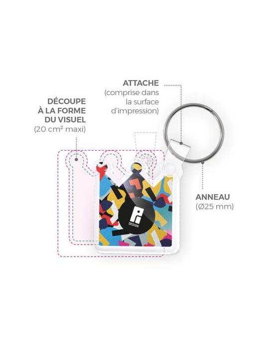 Porte clé publicitaire personnalisé en PMMA épaisseur 3mm, taille maxi 20 cm² marquage laser ultra précis