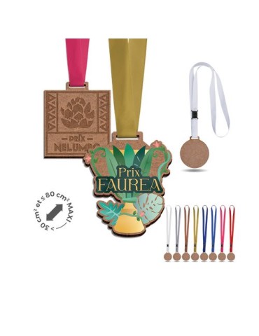 Médaille MDF personnalisée épaisseur 3 mm, dimensions entre 30 et maxi 80 cm² avec cordon satin - objet publicitaire