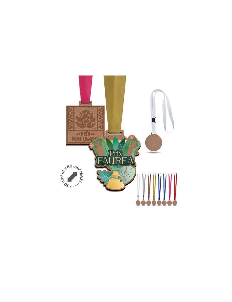 Médaille MDF personnalisée épaisseur 3 mm, dimensions entre 30 et maxi 80 cm² avec cordon satin - objet publicitaire impression 