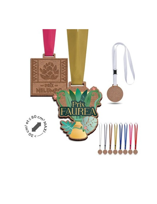 Médaille MDF personnalisée épaisseur 3 mm, dimensions entre 30 et maxi 80 cm² avec cordon satin - objet publicitaire goodies pub