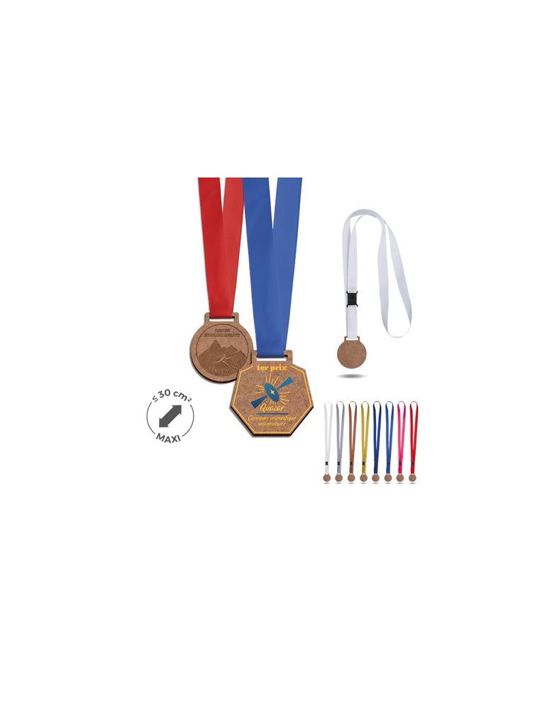 Médailles publicitaires MDF 3 mm maxi 30 cm² avec cordon satin - MAXI objet promotionnel éco-responsable