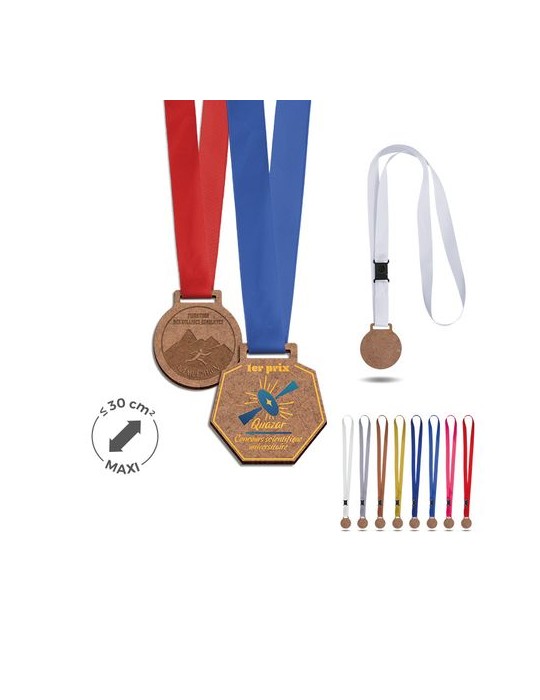 Médaille MDF ép 3 mm maxi 30 cm² avec cordon satin - objet publicitaire