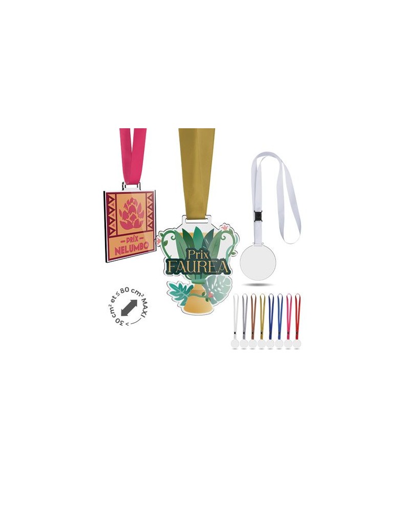 Médaille publicitaire en PMMA épaisseur 3 mm, dimensions entre 30 et 80 cm², avec cordon satin