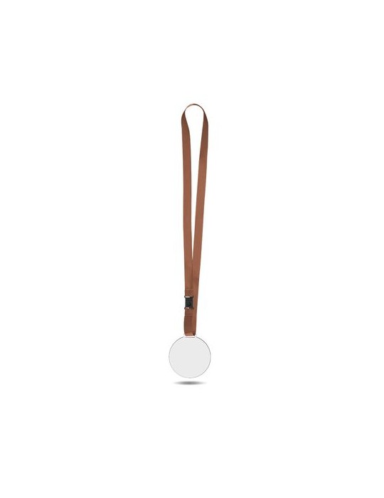 Médaille publicitaire en PMMA épaisseur 3 mm, dimensions entre 30 et 80 cm², avec cordon satin goodies personnalisé en stock
