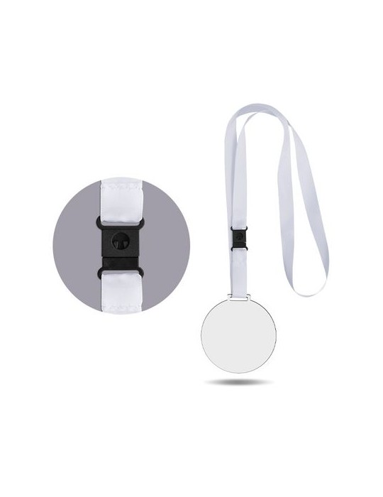 Médaille publicitaire en PMMA épaisseur 3 mm, dimensions entre 30 et 80 cm², avec cordon satin impression haute définition