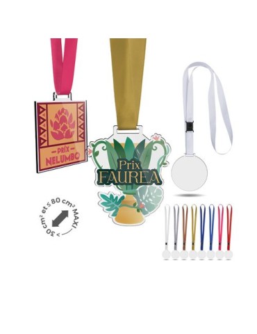 Médaille publicitaire en PMMA épaisseur 3 mm, dimensions entre 30 et 80 cm², avec cordon satin 2