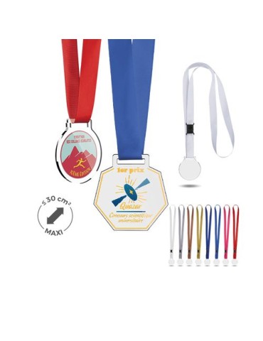 Médaille plastique (PMMA) ép 3 mm et maxi 30 cm² avec cordon satin - objet publicitaire