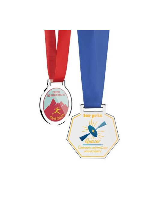 Médailles publicitaires en plastique (PMMA) épaisseur 3 mm et surface maximale 30 cm² avec cordon satin - Médaille goodies publi