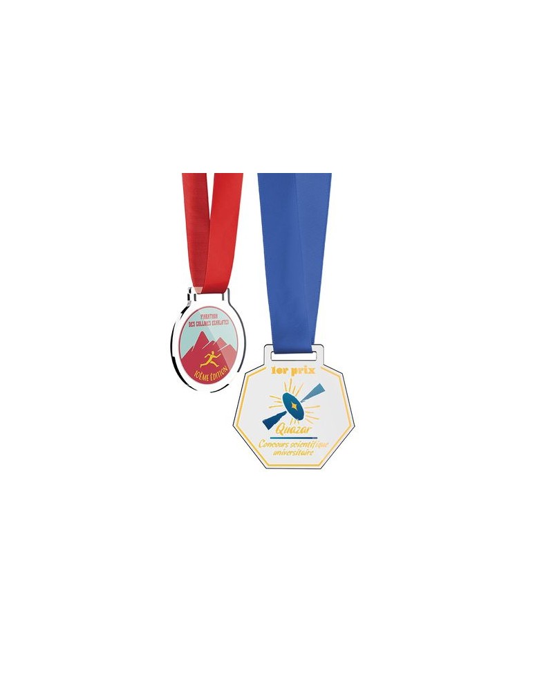 Médailles publicitaires en plastique (PMMA) épaisseur 3 mm et surface maximale 30 cm² avec cordon satin - Médaille goodies publi