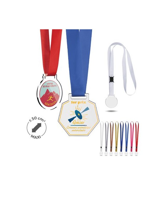 Médaille plastique (PMMA) ép 3 mm et maxi 30 cm² avec cordon satin - objet publicitaire