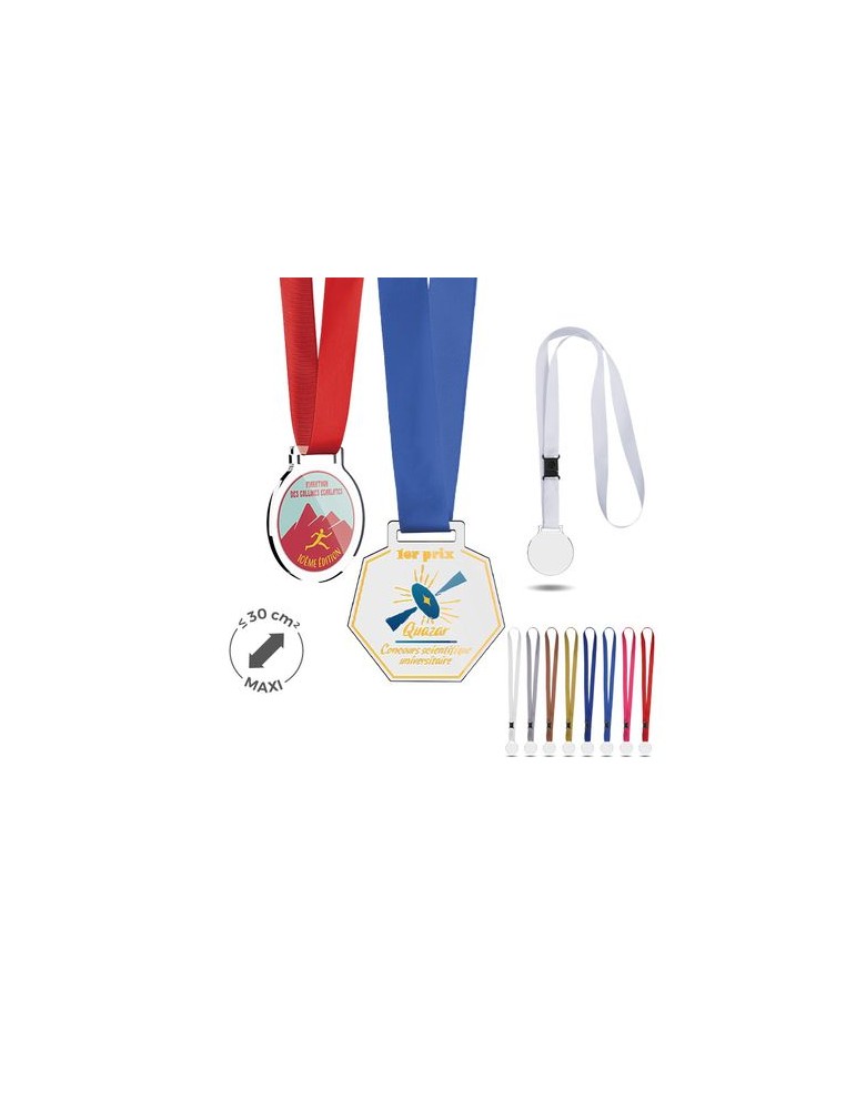 Médailles publicitaires en plastique (PMMA) épaisseur 3 mm et surface maximale 30 cm² avec cordon satin - Médaille personnalisab