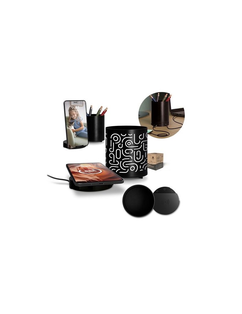 Chargeur par induction 10W avec fonction hub et pot à crayons en rAlu - objet publicitaire