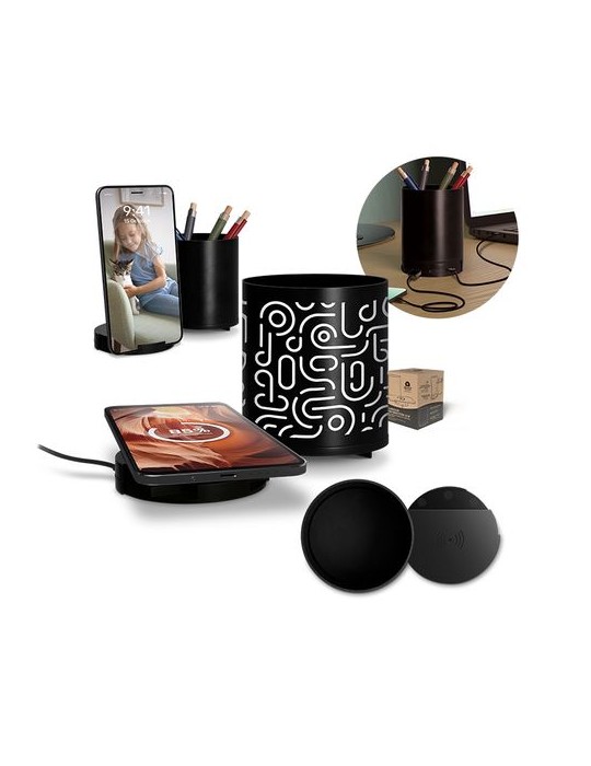 Chargeur par induction 10W avec fonction hub et pot à crayons en rAlu - objet publicitaire