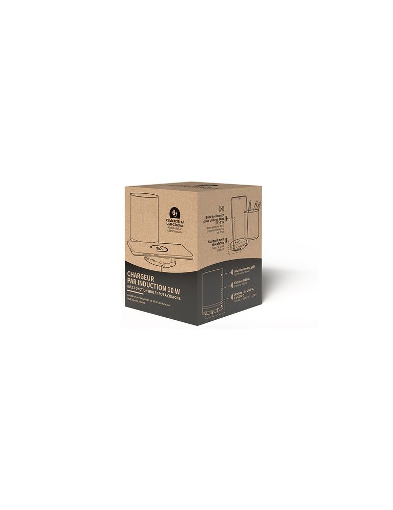 Chargeur induction 10W  avec fonction hub et pot à crayons en alu - objet publicitaire marquage laser ultra précis