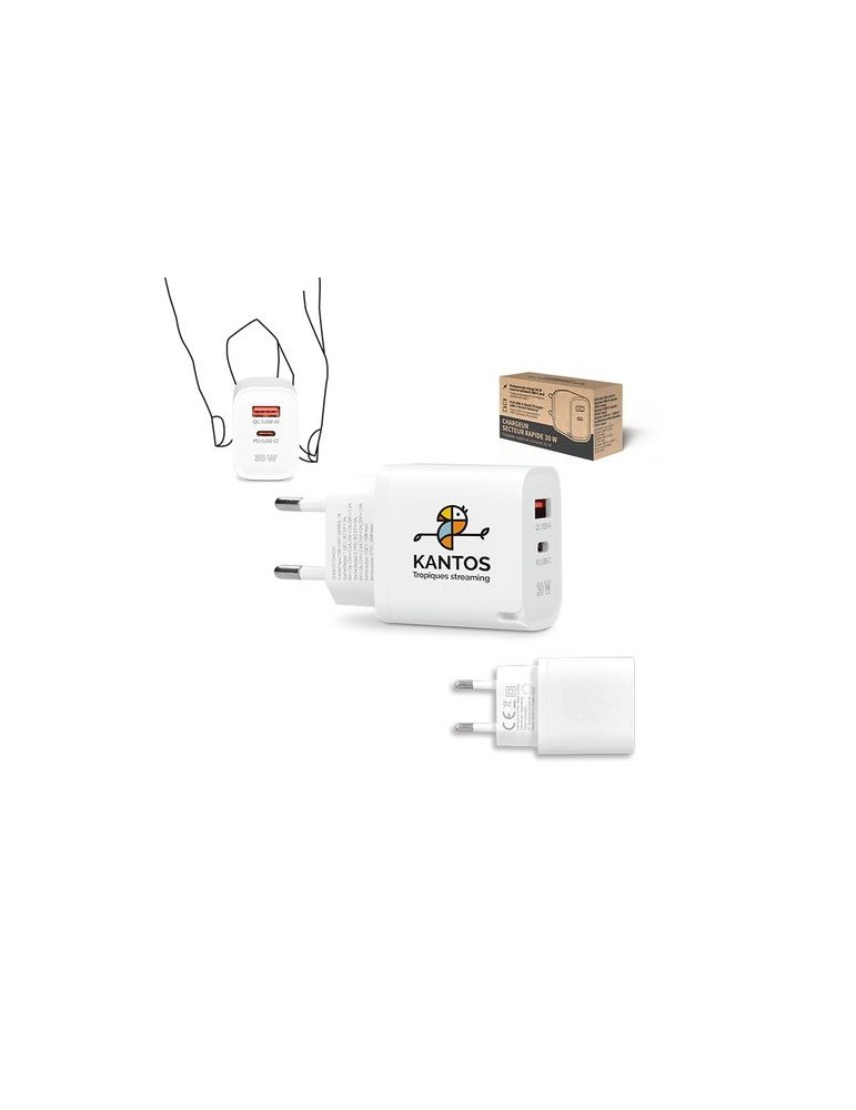 Chargeur rapide secteur 30 W avec sorties USB QC et Type-C PD