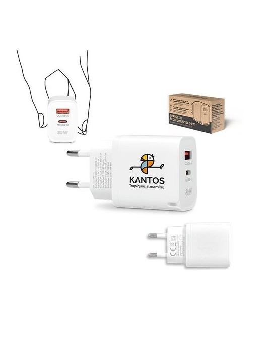 Chargeur rapide secteur 30 W avec sorties USB QC et Type-C PD