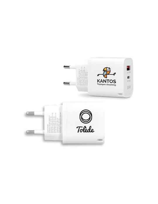 Chargeur rapide secteur 30 W avec sorties USB QC et Type-C PD cadeau entreprise pas cher