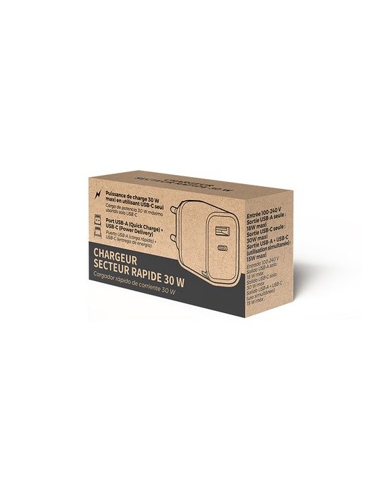 Chargeur rapide secteur 30 W avec sorties USB QC et Type-C PD impression haute définition